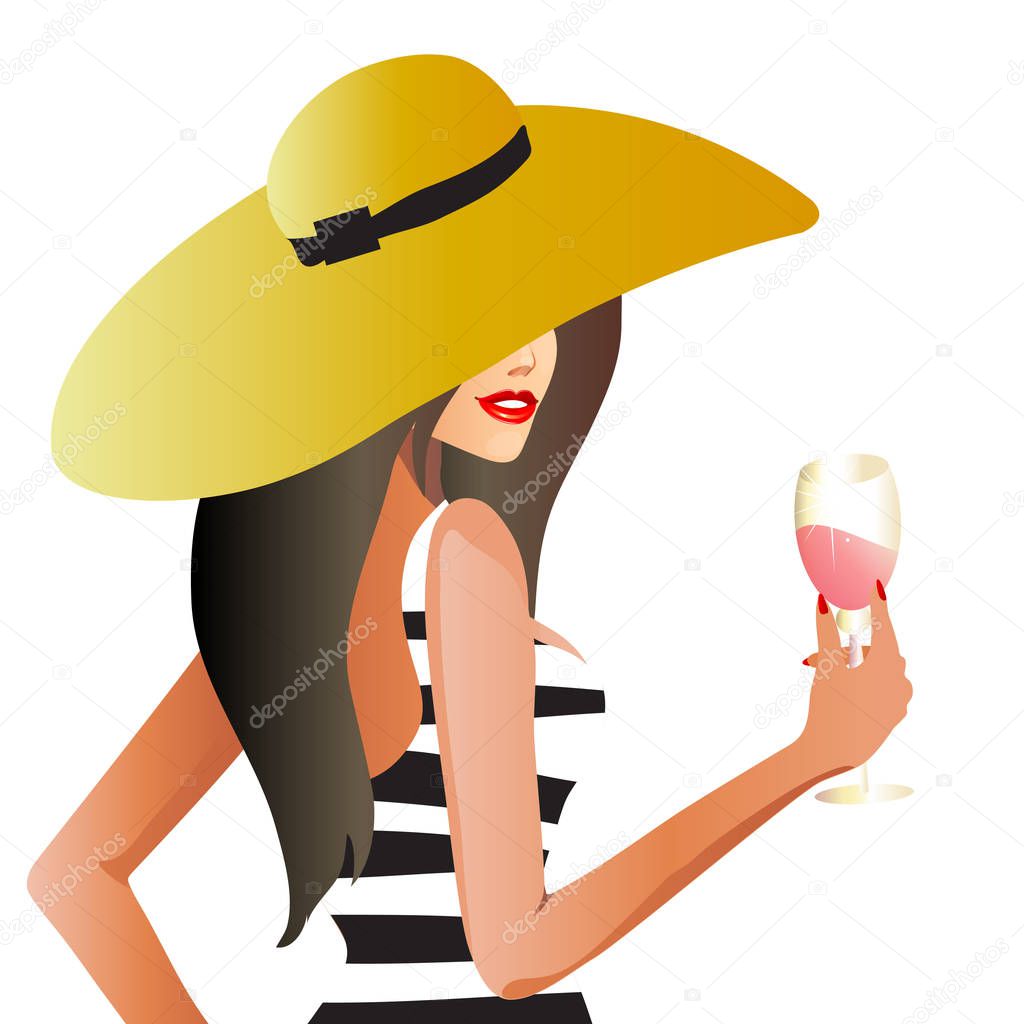 cartoon character of beautiful brunette woman in hat and dress holding cocktail, vector, illustration 