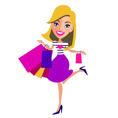 çizgi film karakteri olan alışveriş torbaları, vektör, resimde güzel kadın 