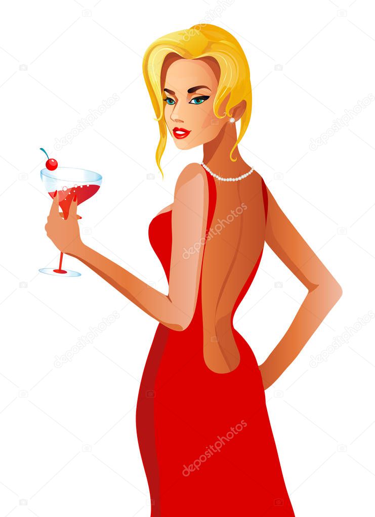 cartoon character of beautiful blonde woman in dress holding cocktail, vector, illustration 