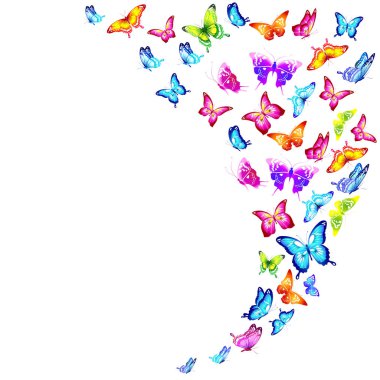 Beyaz arka plan, vektör, illüstrasyon izole renkli uçan kelebekler koleksiyonu ile posta kartı 