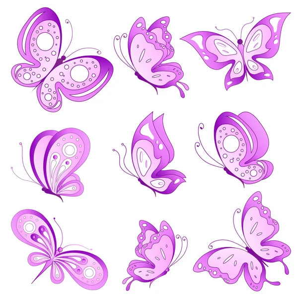 Почтовая Открытка Коллекцией Фиолетовых Летающих Бабочек Белом Фоне Вектор Иллюстрация — стоковый вектор