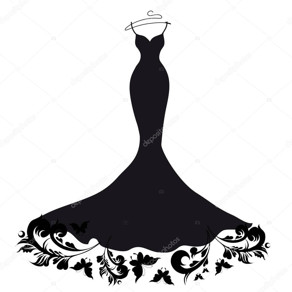 black silhouette of wedding dress with butterflies isolated on white background, vector, illustration
