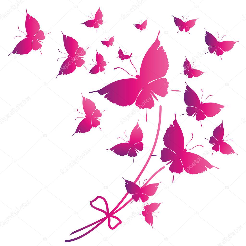 collection of colorful flying butterflies with decorative bow isolated on white background, vector, illustration