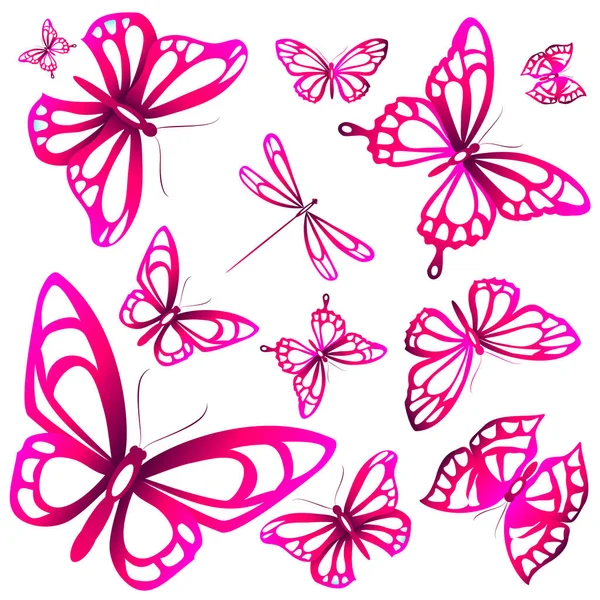 Tarjeta Postal Con Colección Mariposas Voladoras Rosadas Aisladas Sobre Fondo — Foto de Stock