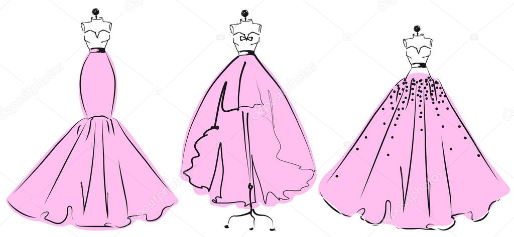 set of pink wedding dresses on mannequins isolated on white background