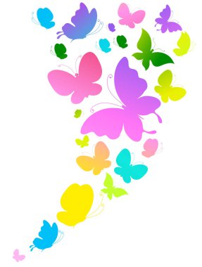 Beyaz arka plan, vektör, illüstrasyon izole renkli uçan kelebekler koleksiyonu ile posta kartı 