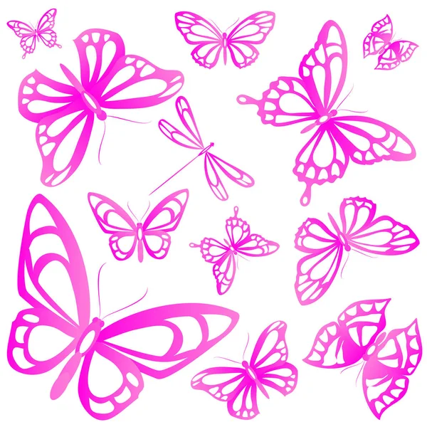 Tarjeta Postal Con Colección Mariposas Voladoras Rosadas Aisladas Sobre Fondo — Vector de stock