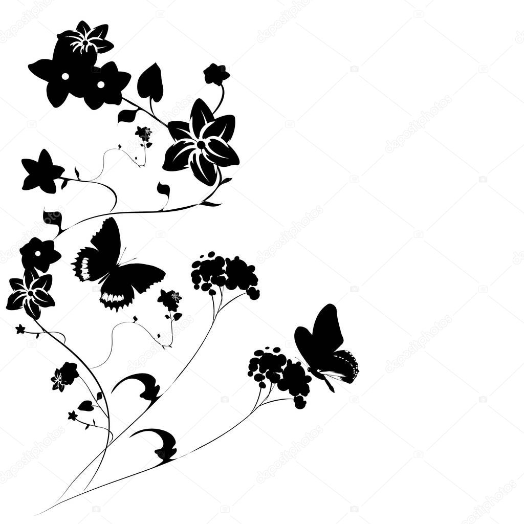 collection of black flying butterflies with plants isolated on white background, vector, illustration