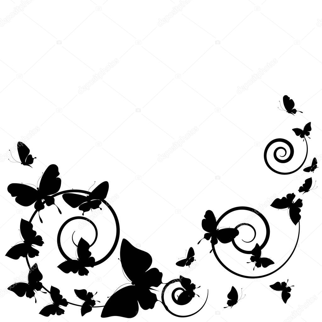 postal card with collection of black flying butterflies isolated on white background