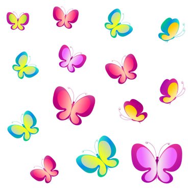 Beyaz arka plan, vektör, illüstrasyon izole renkli uçan kelebekler koleksiyonu ile posta kartı 