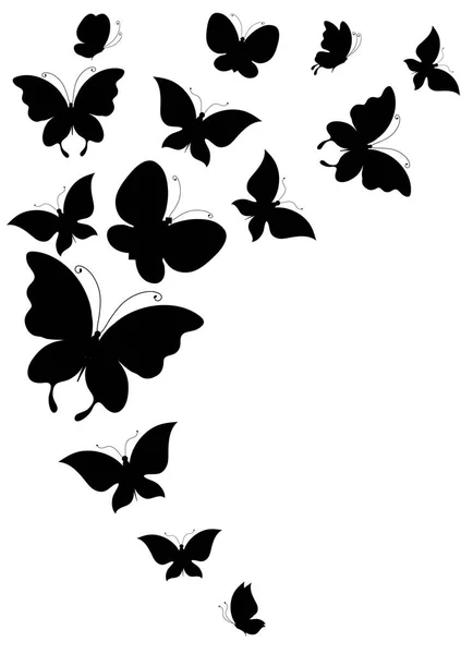 Postkarte Mit Sammlung Schwarzer Fliegender Schmetterlinge Isoliert Auf Weißem Hintergrund — Stockvektor