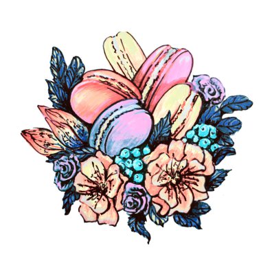 Güzel çiçeklerle macarons, el çekilmiş, beyaz izole