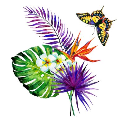 güzel tropikal palmiye yaprakları ve çiçekleri, suluboya