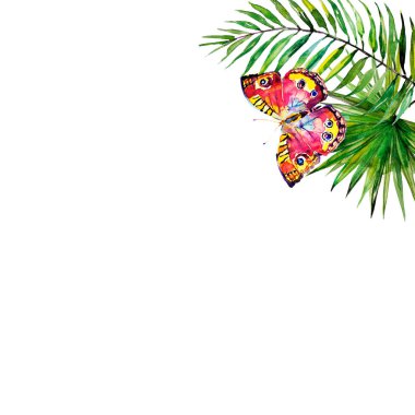 güzel tropikal palmiye yaprakları ve çiçekleri, suluboya