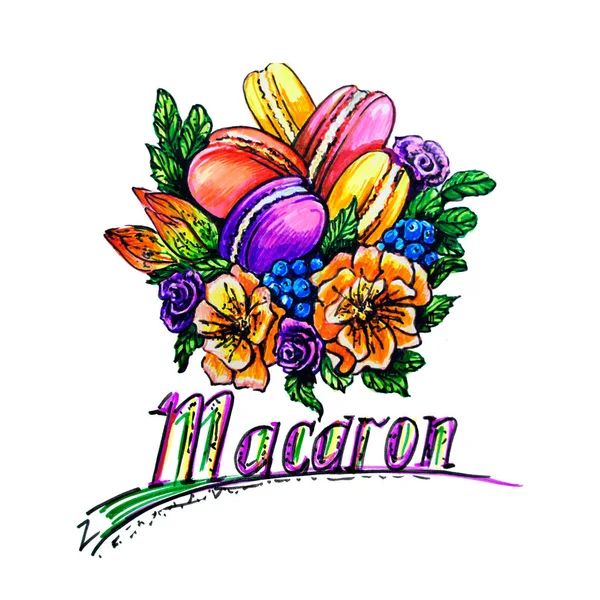 Schöne Blumen Mit Macarons Von Hand Gezeichnet Isoliert Auf Einem — Stockfoto