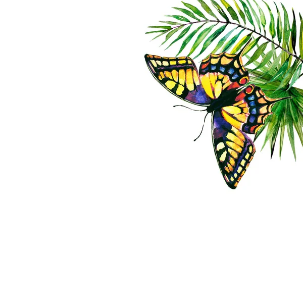 güzel tropikal palmiye yaprakları ve çiçekleri, suluboya