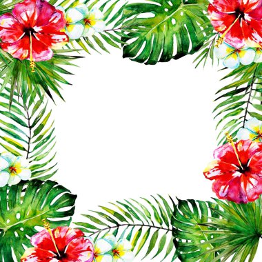 güzel tropikal palmiye laves, suluboya çerçeve