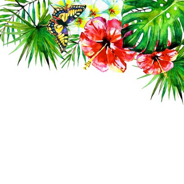 güzel tropikal palmiye yaprakları ve çiçekleri, suluboya