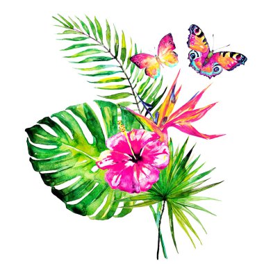 güzel tropikal palmiye yaprakları ve çiçekleri, suluboya