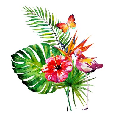 güzel tropikal palmiye yaprakları ve çiçekleri, suluboya