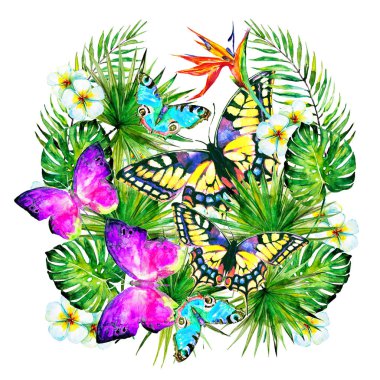 güzel kırmızı çiçekler, palmiye yaprakları, beyaz üzerine suluboya