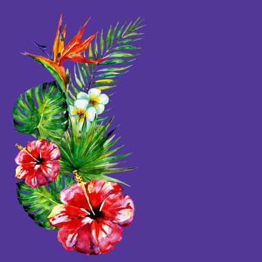 güzel kırmızı çiçekler, palmiye yaprakları, mavi üzerine suluboya