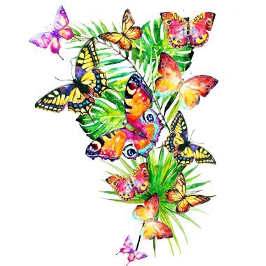 güzel tropikal palmiye yaprakları ve çiçekleri, suluboya