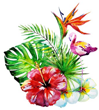 güzel tropikal palmiye yaprakları ve çiçekleri, suluboya