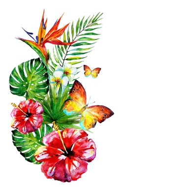 güzel kırmızı çiçekler, palmiye yaprakları, beyaz üzerine suluboya