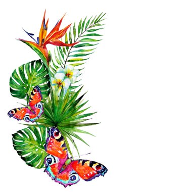 güzel tropikal palmiye yaprakları ve çiçekleri, suluboya
