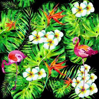 güzel kırmızı çiçekler, palmiye yaprakları, siyah üzerine suluboya