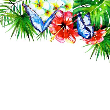 güzel tropikal palmiye yaprakları ve çiçekleri, suluboya