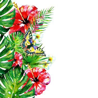 güzel kırmızı çiçekler, palmiye yaprakları, beyaz üzerine suluboya