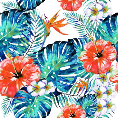 güzel kırmızı çiçekler, palmiye yaprakları, beyaz üzerine suluboya