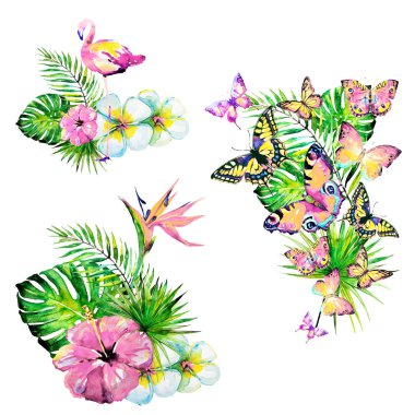 güzel kırmızı çiçekler, palmiye yaprakları, beyaz üzerine suluboya