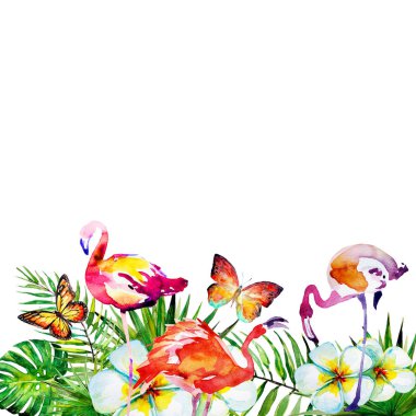 güzel pembe flamingo ve egzotik çiçekler, palmiye yaprakları, suluboya 