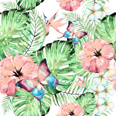 güzel kırmızı çiçekler, palmiye yaprakları, beyaz üzerine suluboya