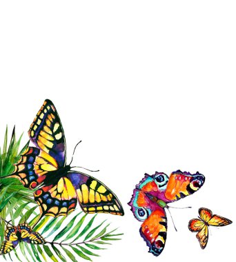 güzel tropikal palmiye yaprakları ve çiçekleri, suluboya