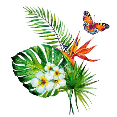 güzel tropikal palmiye yaprakları ve çiçekleri, suluboya