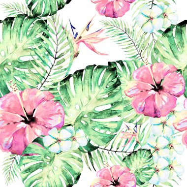 güzel kırmızı çiçekler, palmiye yaprakları, beyaz üzerine suluboya