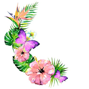 güzel kırmızı çiçekler, palmiye yaprakları, beyaz üzerine suluboya