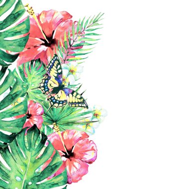 güzel kırmızı çiçekler, palmiye yaprakları, beyaz üzerine suluboya