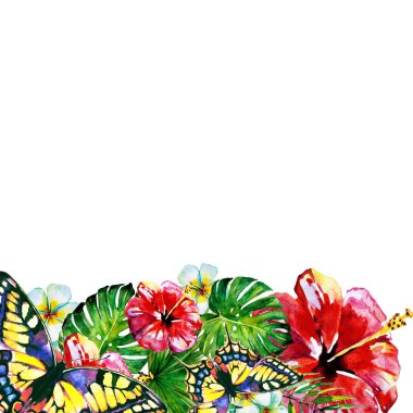 güzel kırmızı çiçekler, palmiye yaprakları, beyaz üzerine suluboya