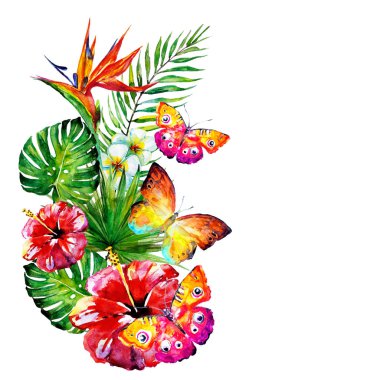 güzel kırmızı çiçekler, palmiye yaprakları, beyaz üzerine suluboya