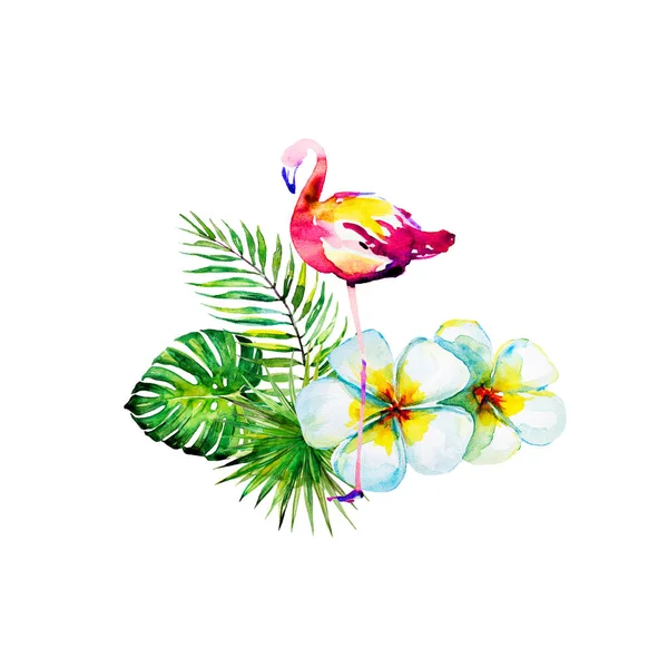 Mooie Tropische Palmbladeren Flamingo Aquarel Illustratie — Stockfoto