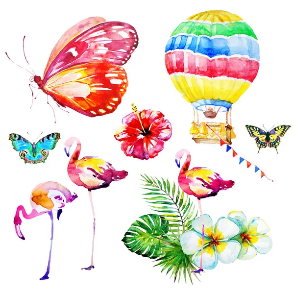 Belas Folhas Palma Tropical Flamingo Ilustração Aquarela — Fotografia de Stock