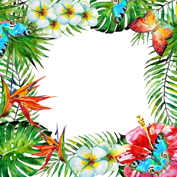 Güzel Tropikal Palmiye Yaprakları Çiçekleri Suluboya — Stok fotoğraf