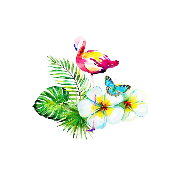 güzel tropikal palmiye yaprakları ve flamingo, suluboya resim