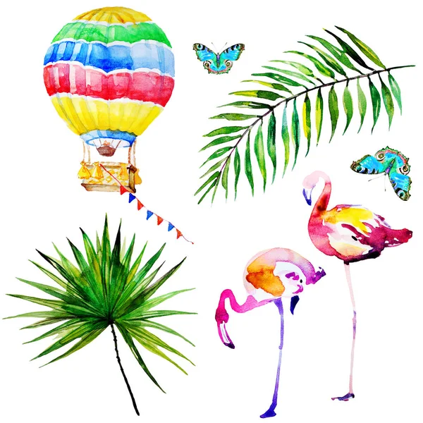 güzel tropikal palmiye yaprakları ve flamingo, suluboya resim