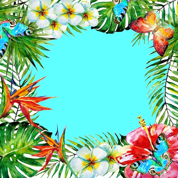 güzel tropikal palmiye yaprakları ve çiçekleri, suluboya